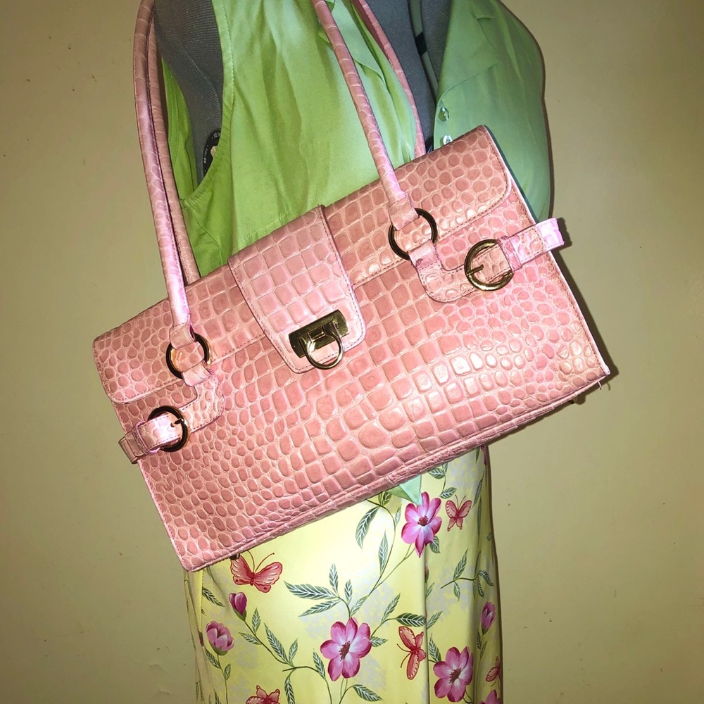 Pink genuine leather crocodile embossed